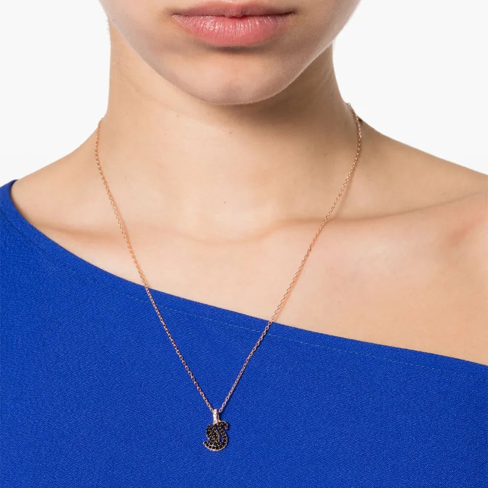 Black crystal swan pendant necklace
