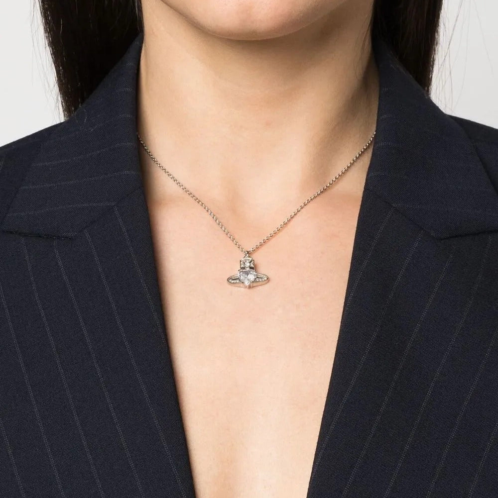 Silver heart shaped crystal orb pendant necklace